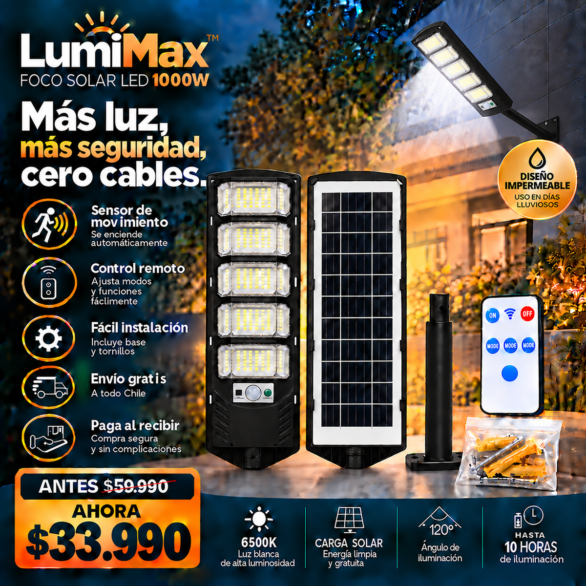 LumiMax™ | Foco Solar LED 1000W para Mayor Seguridad Exterior