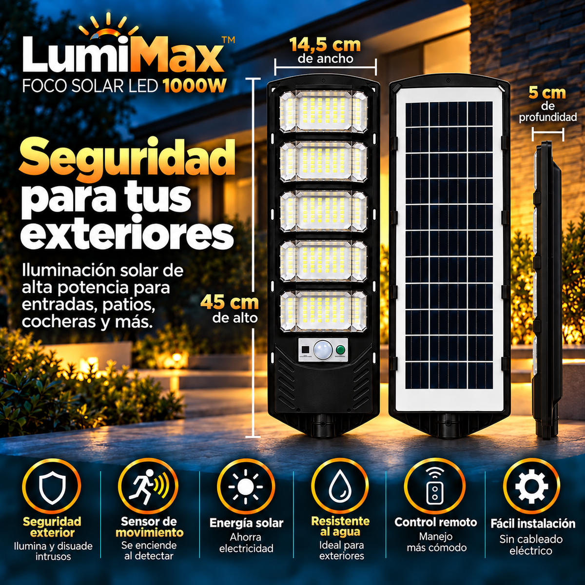 LumiMax™ | Foco Solar LED 1000W para Mayor Seguridad Exterior